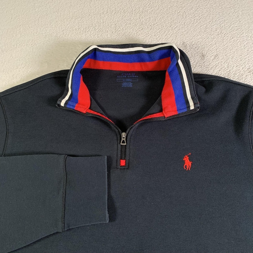 Polo Ralph Lauren Sweatshirt Mens M Black 1/4 Zip Neck Logo Pockets Collar